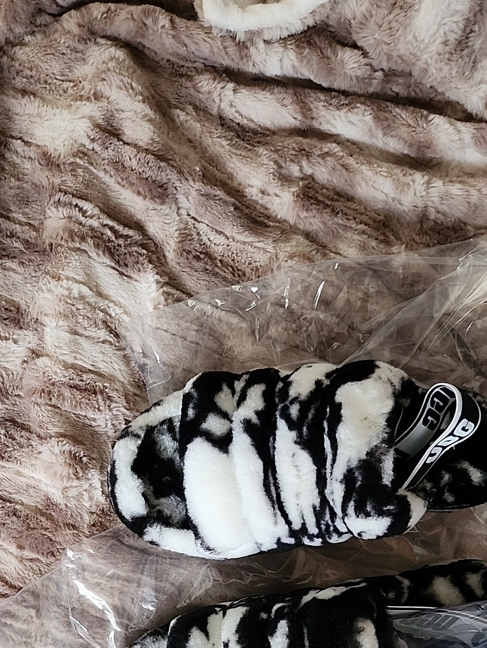 UGG Black and White Faux Fur Slide Sandals